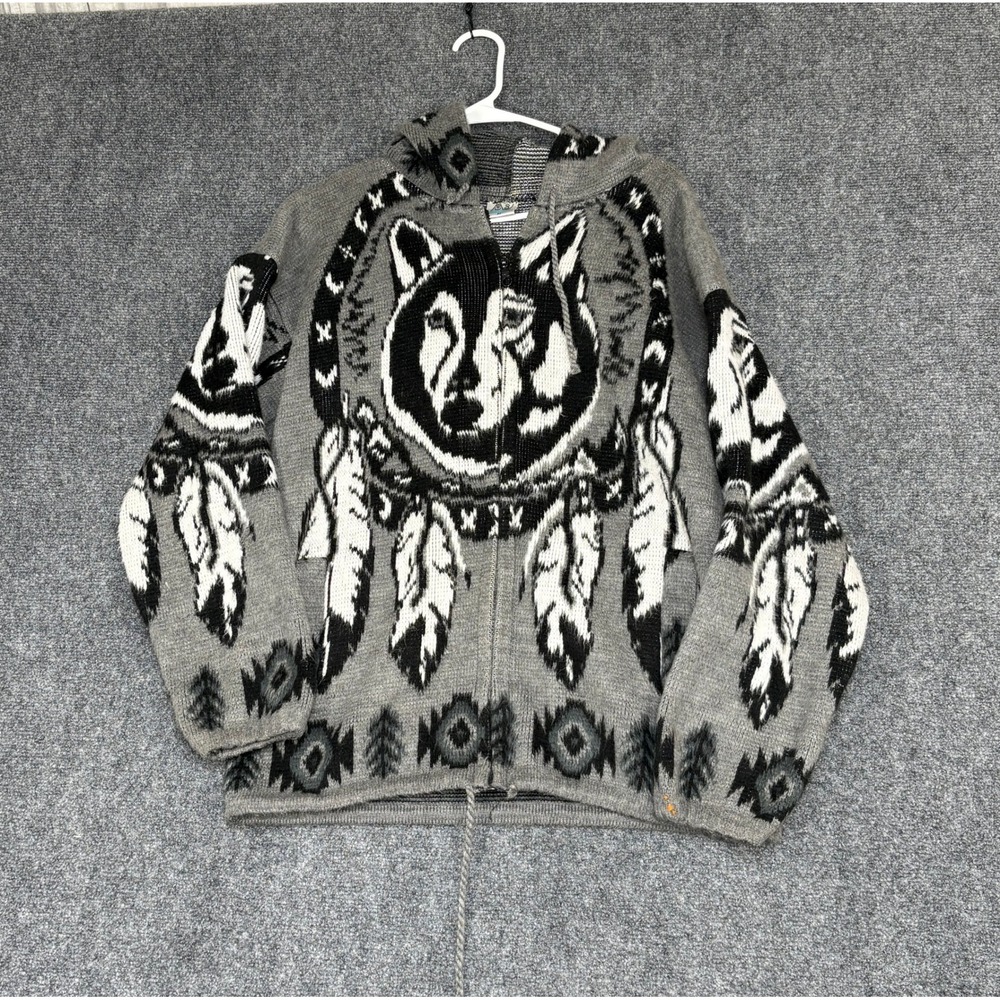 Yari Artesanias Wool Sweater Hoodie Mens M Gray Wolf Full Zip Ecuador
